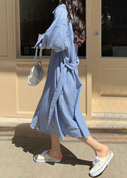 Loose Blue Striped Button Cotton Shirts Dress Spring