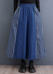 Loose Blue Striped Elastic Waist Denim Wide Leg Pants Fall