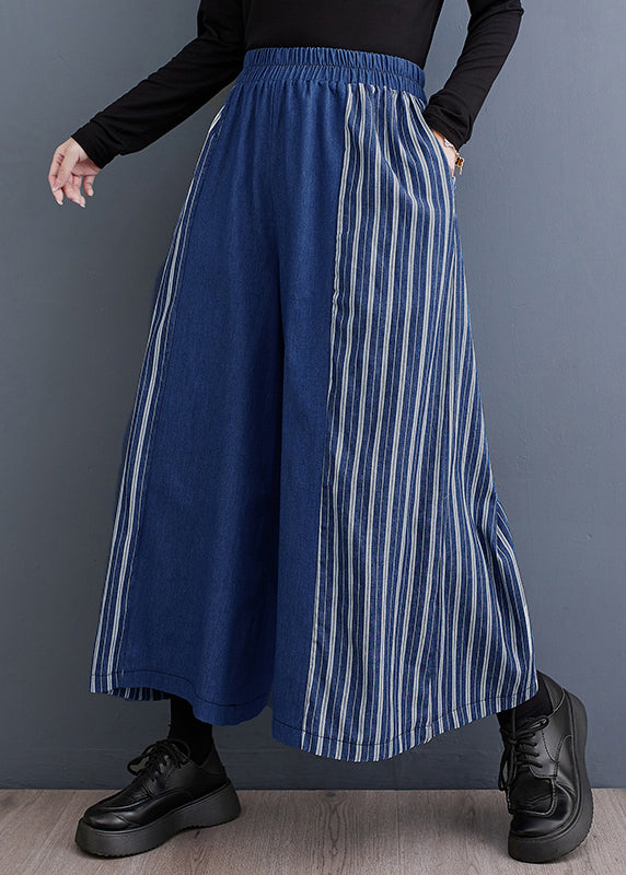 Loose Blue Striped Elastic Waist Denim Wide Leg Pants Fall