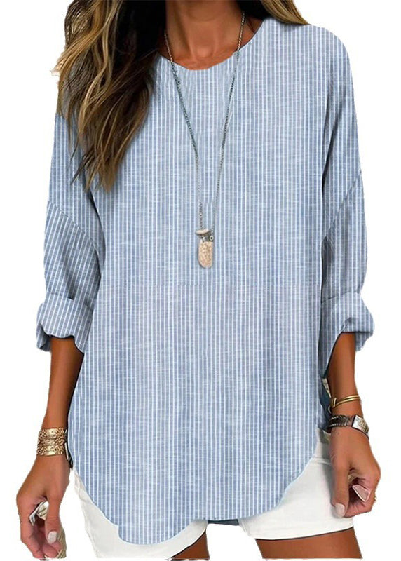 Loose Blue Striped O-Neck Patchwork Cotton Blouses Fall