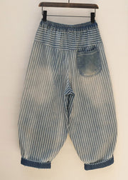 Loose Blue Striped Patchwork Denim Crop Pants Spring