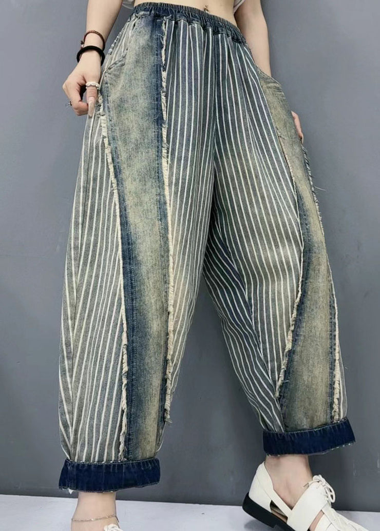 Loose Blue Striped Patchwork Denim Crop Pants Spring