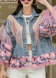 Loose Blue Tasseled Embroideried Ruffled Patchwork Denim Coat Lantern Sleeve