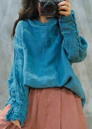 Loose Blue Turtle Neck Solid Linen T Shirt Long Sleeve