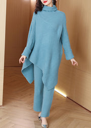 Loose Blue Turtleneck Solid Knit Two Pieces Set Winter