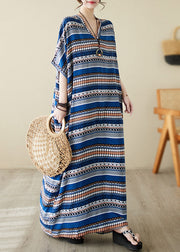 Loose Blue V Neck Animal Print Long Beach Dresses Summer