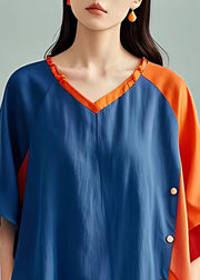 Loose Blue V Neck Asymmetrical T Shirt Half Sleeve