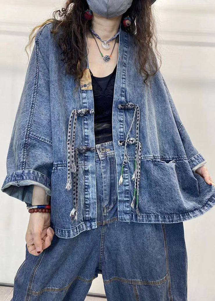 Loose Blue V Neck Button Patchwork Denim Coats Long Sleeve