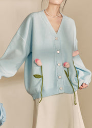 Loose Blue V Neck Button Patchwork Knit Cardigan Spring