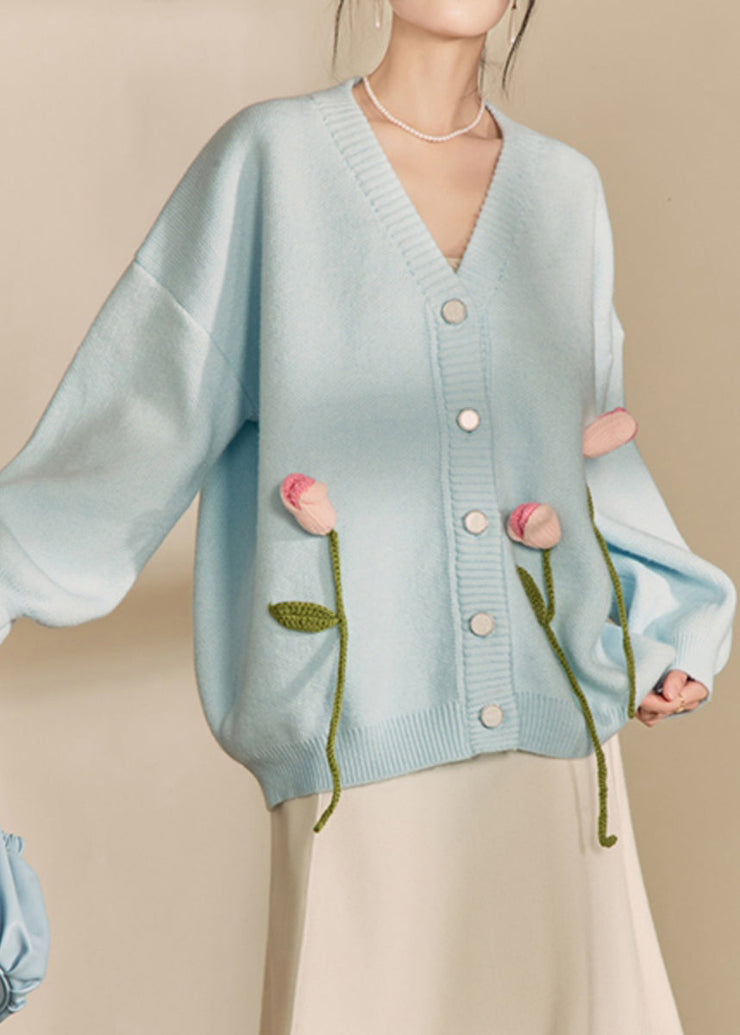 Loose Blue V Neck Button Patchwork Knit Cardigan Spring