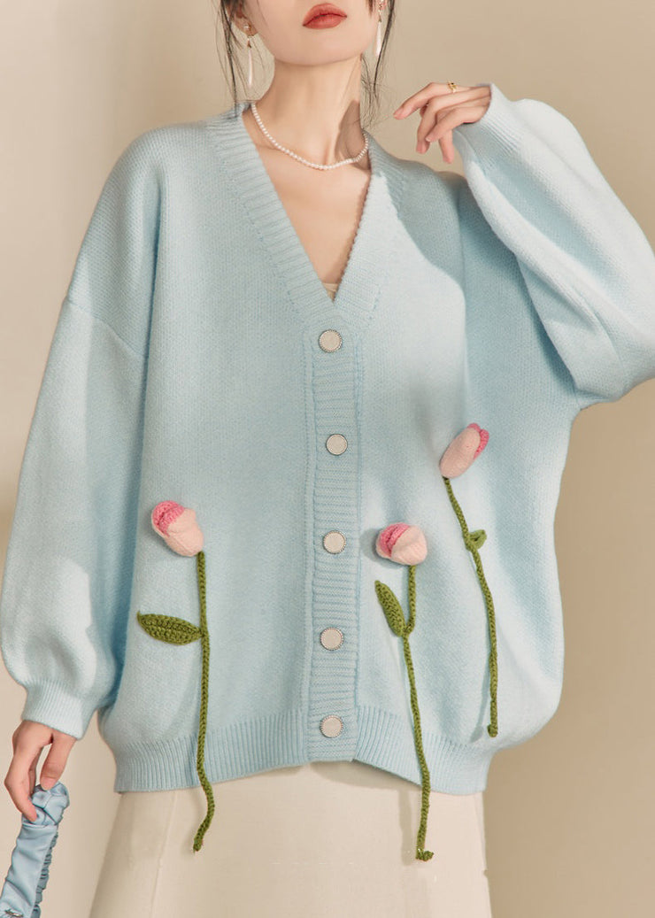 Loose Blue V Neck Button Patchwork Knit Cardigan Spring