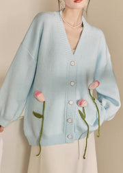 Loose Blue V Neck Button Patchwork Knit Cardigan Spring