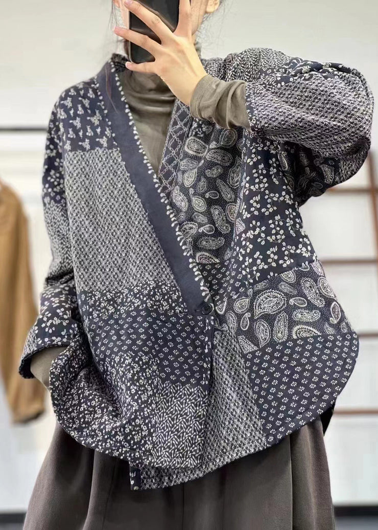 Loose Blue V Neck Button Print Linen Coat Long Sleeve