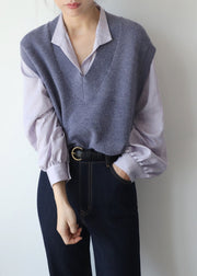 Loose Blue V Neck Cozy Knit Waistcoat Sleeveless