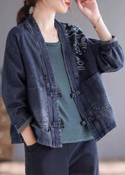 Loose Blue V Neck Embroideried Button Denim Coat Long Sleeve