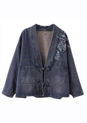 Loose Blue V Neck Embroideried Button Denim Coat Long Sleeve