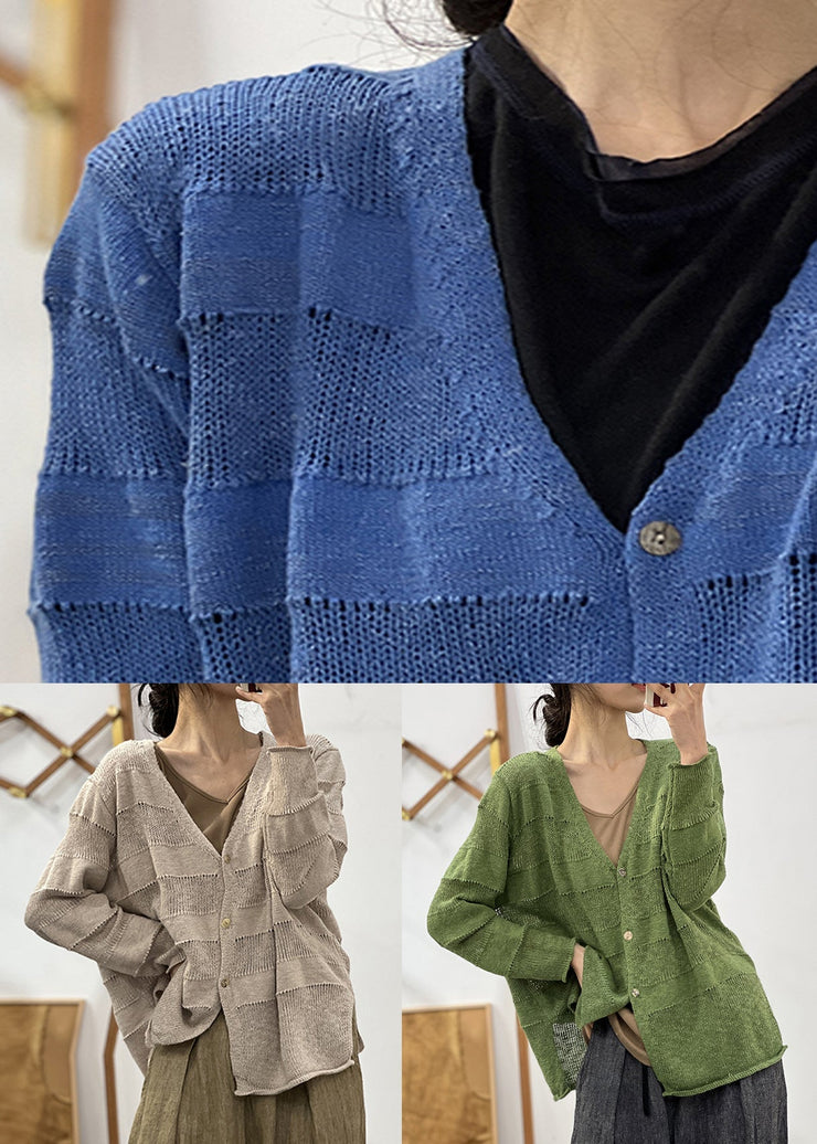 Loose Blue V Neck Hollow Out Solid Cotton Knit Coat Fall