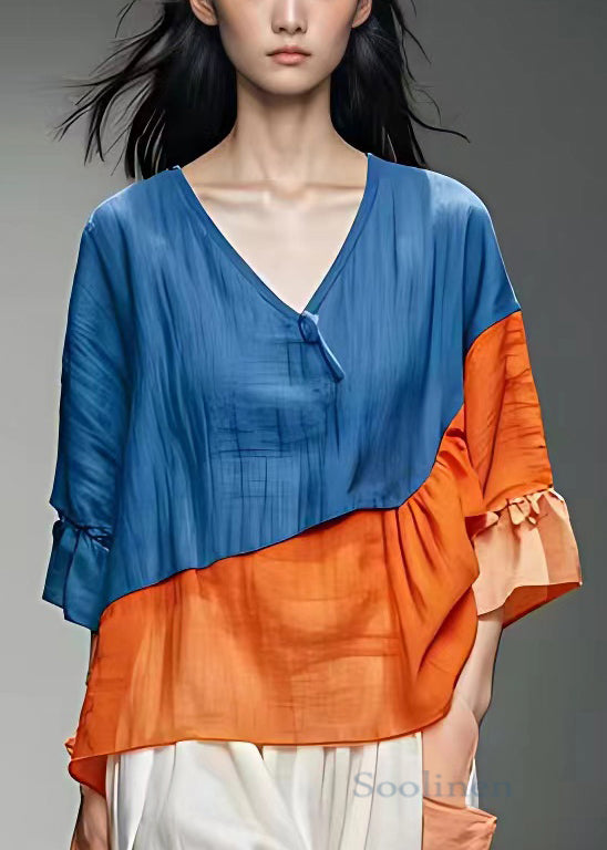 Loose Blue V Neck Patchwork Cotton Blouse Half Sleeve