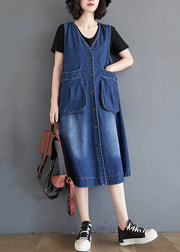 Loose Blue V Neck Pockets Patchwork Denim Waistcoat Dress Sleeveless