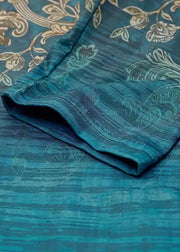 Loose Blue V Neck Print Cotton Mid Dress Long Sleeve