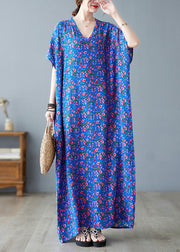 Loose Blue V Neck Print Long Dresses Short Sleeve