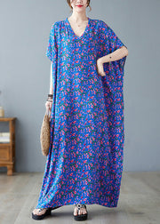 Loose Blue V Neck Print Long Dresses Short Sleeve