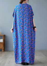 Loose Blue V Neck Print Long Dresses Short Sleeve