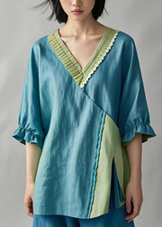 Loose Blue V Neck Ruffled Patchwork Cotton Shirt Top Summer