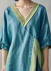 Loose Blue V Neck Ruffled Patchwork Cotton Shirt Top Summer