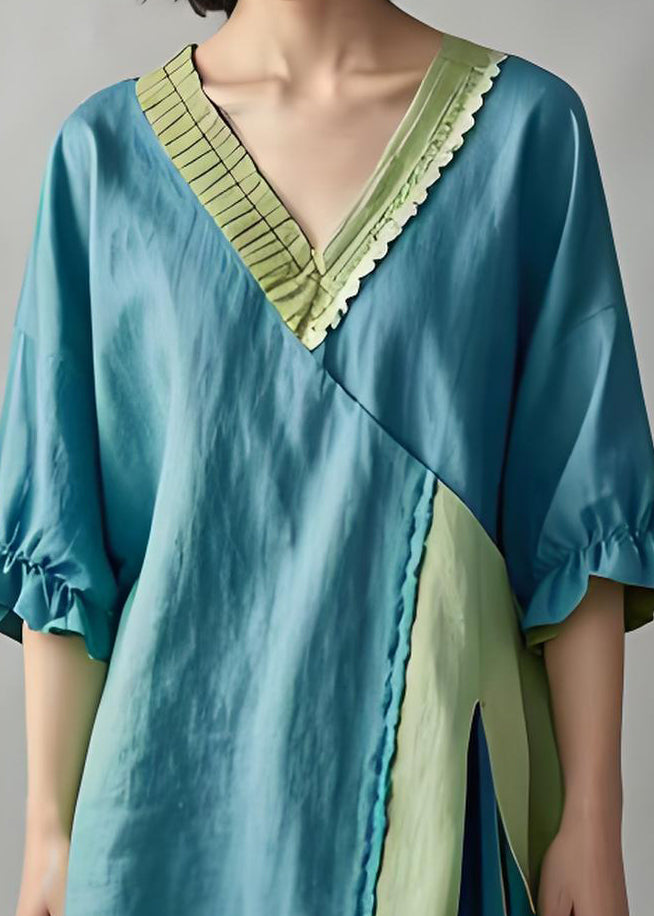 Loose Blue V Neck Ruffled Patchwork Cotton Shirt Top Summer