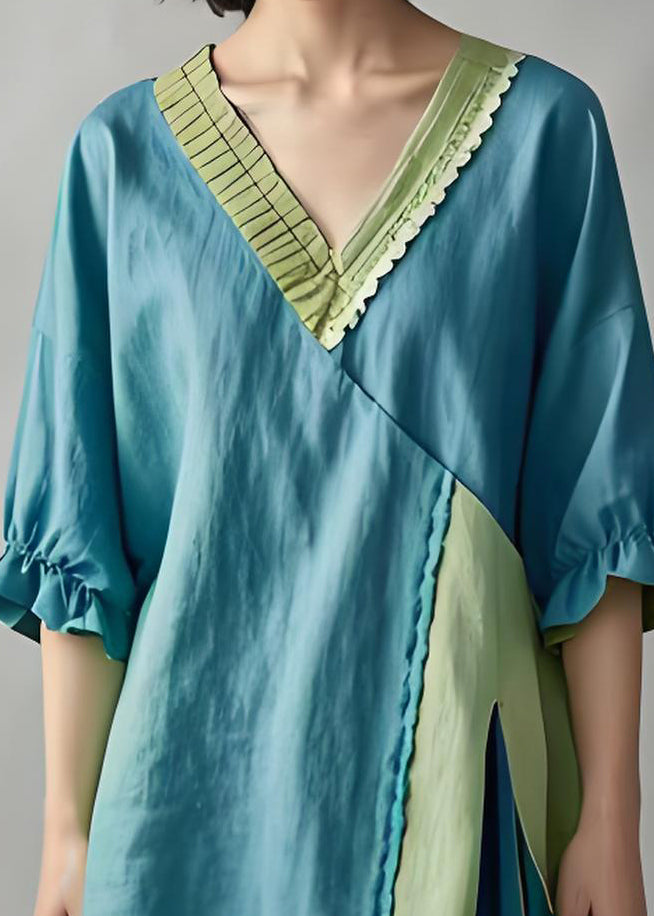 Loose Blue V Neck Ruffled Patchwork Cotton Shirt Top Summer