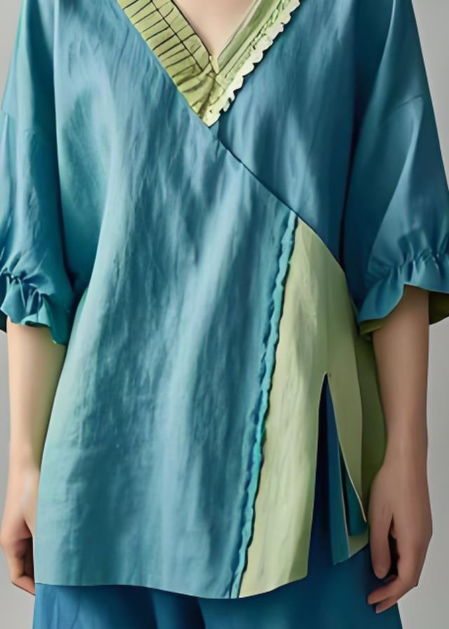 Loose Blue V Neck Ruffled Patchwork Cotton Shirt Top Summer