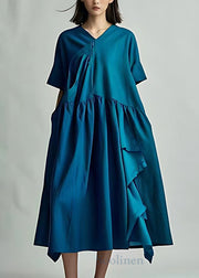Loose Blue V Neck Solid Cotton Long Dress Summer