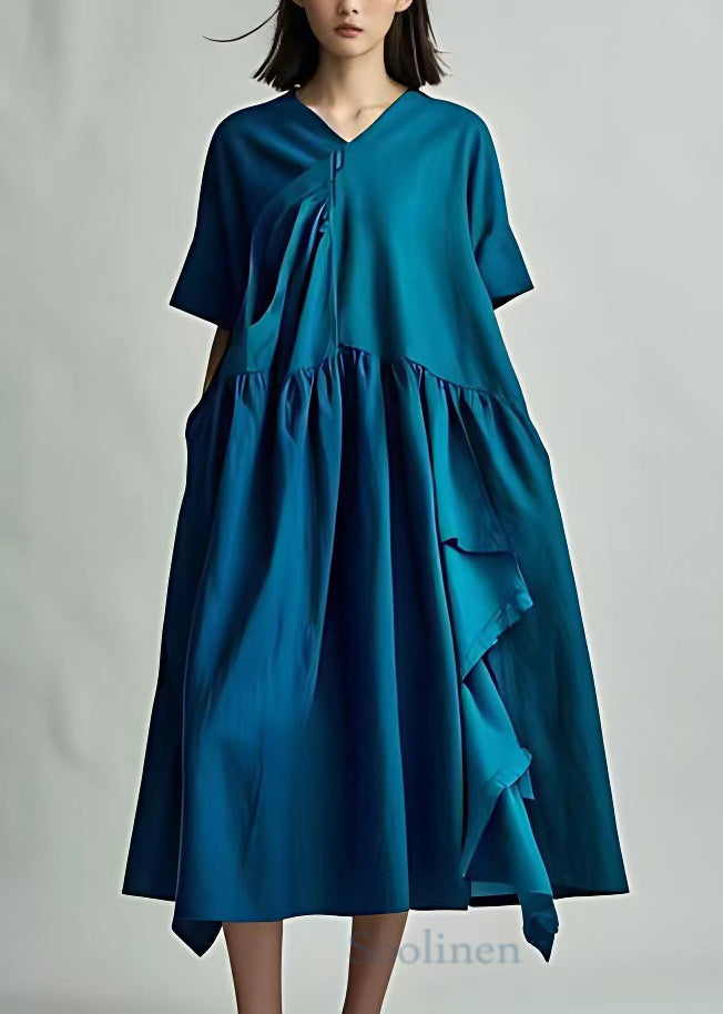 Loose Blue V Neck Solid Cotton Long Dress Summer