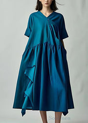 Loose Blue V Neck Solid Cotton Long Dress Summer