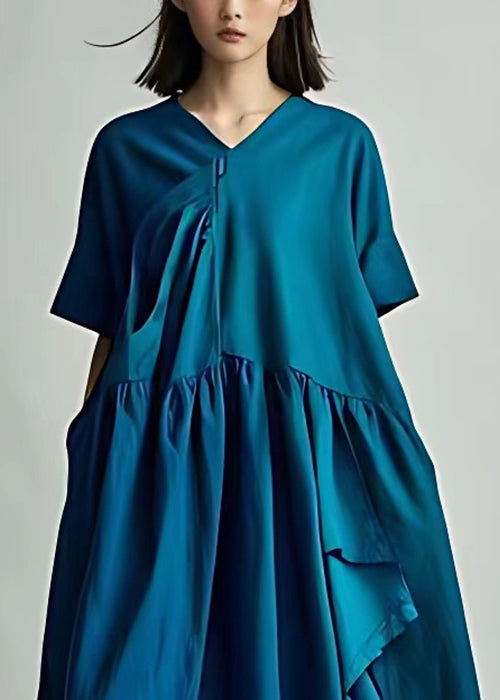 Loose Blue V Neck Solid Cotton Long Dress Summer