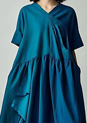 Loose Blue V Neck Solid Cotton Long Dress Summer