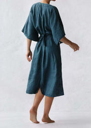 Loose Blue V Neck Tie Waist Linen Dress Summer