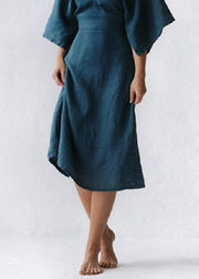 Loose Blue V Neck Tie Waist Linen Dress Summer