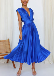 Loose Blue V Neck Wrinkled Solid Cotton Dresses Summer