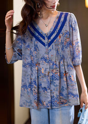 Loose Blue Wrinkled Button Print Chiffon Blouse Half Sleeve