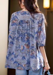 Loose Blue Wrinkled Button Print Chiffon Blouse Half Sleeve