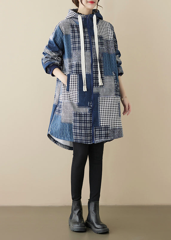 Loose Blue Zip Up Plaid Patchwork Warm Fleece Hooded Coat Spring