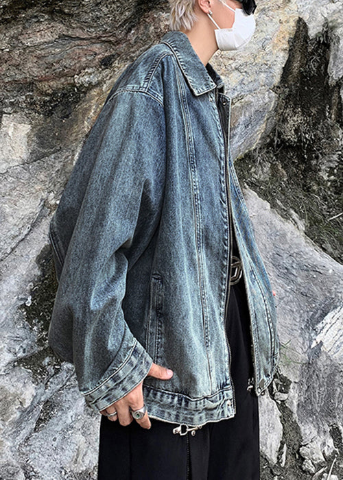 Loose Blue Zip Up Pockets Denim Mens Coats Spring