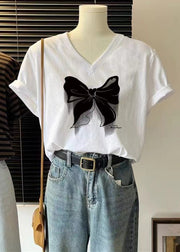 Loose Bow Solid V Neck Print Cotton T Shirts Summer