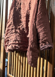 Loose Brick Red Hooded Wrinkled Linen Tops Spring