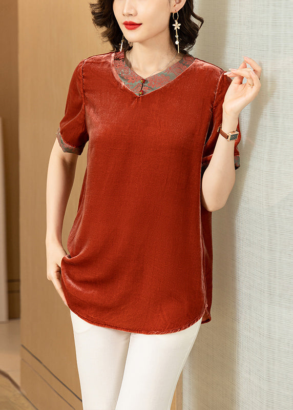 Loose Brick Red Print Patchwork Silk Velour T Shirt Summer