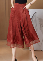 Loose Brick Red Print Pockets Silk Wide Leg Pants Skirt Summer