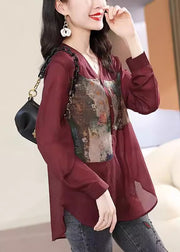 Loose Brick Red V Neck Print Side Open Chiffon Top Fall