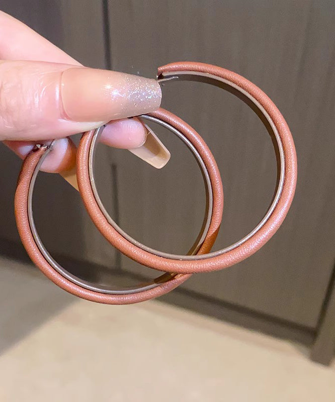 Loose Brown Alloy Leather Circle Hoop Earrings